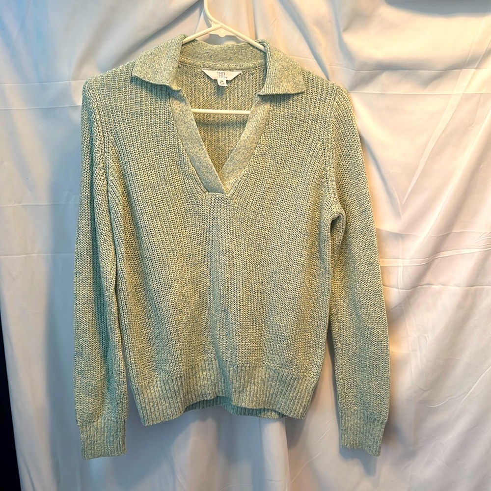 TIME AND TRU V NECK LIGHTWEIGHT GREEN SWEATER WITH COLLAR RIBBED KNIT LOOK XS